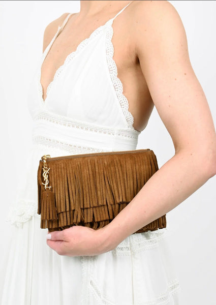 SAINT LAURENT YSL Brown Suede Fringe Zip Pouch Clutch