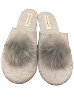 SAKS FIFTH AVENUE $195.00 Grey Knit Pom Pom Slippers Size 6/6.5 Approximately