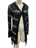LOVE TREE $60.00 Black & Multi Fringe Knit Open Cardigan Hooded Sweater Size Medium M
