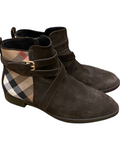 BURBERRY $895.00 Chocolate Vaughan Suede Flat Ankle Boot in Housecheck Size 40 (10)