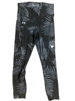UNDER ARMOUR PROJECT ROCK $65.00 Heat-Gear Mid-Waist Black & Grey Leaf Pattern 7/8 Athletic Tights Size Small S