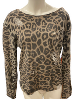 BASIK BY RD STYLE $70.00 "Kity Leopard Print" Distressed, Stretchy Tan Pullover Sweater Size XS (fits big)