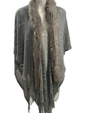 NO BRAND Grey Knit Cardigan / Shawl with Soft Grey Fur Trim ONE SIZE